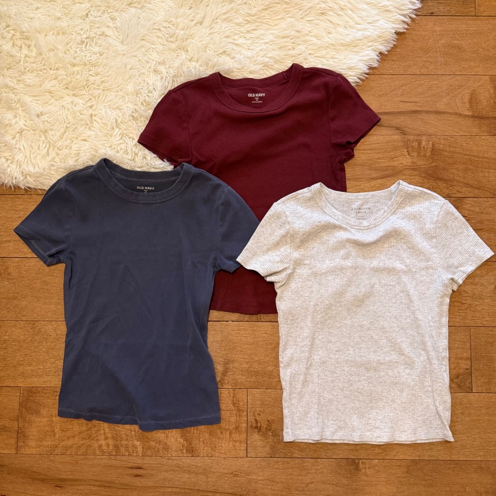Old Navy American Eagle Ribbed Baby Tee Bundle XS S Blue Red Gray 3 Pack Tops
